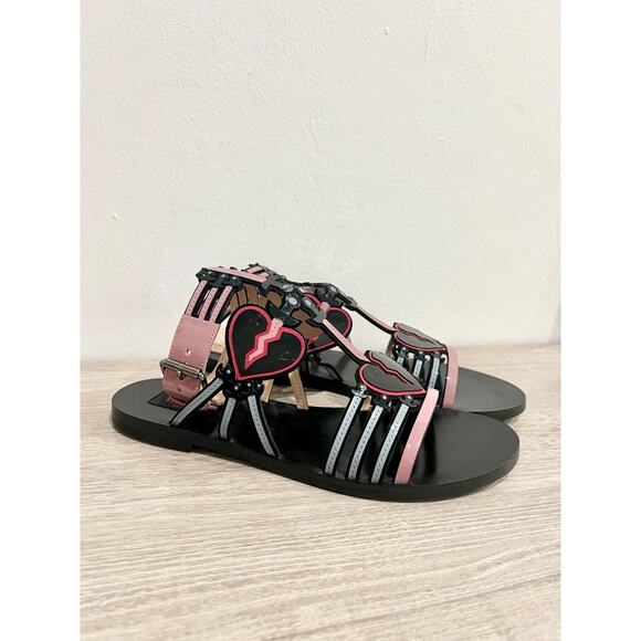 Valentino’s Loveblade Patent Leather Ankle Strap Flat Sandals Black/Pink EU 36 - Picture 4 of 7
